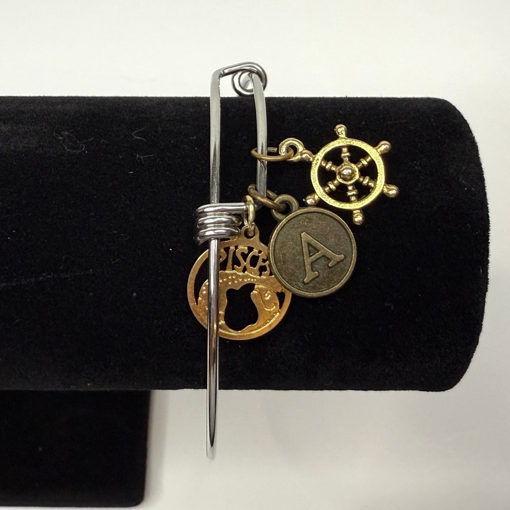 Zodiac Pisces Charm Bangle Bracelet Silver Gold Tone Initial A Nautical Wheel